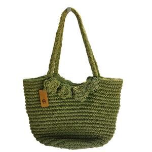 Vintage Y2K Etienne Aigner Natural Straw Woven Handbag Flower Coastal Indie Boho